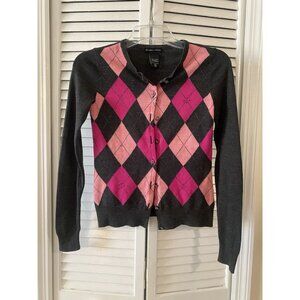 New York & Company XS Women Button Long Sleeve Cardigan Sweater Preppy Pink Gray